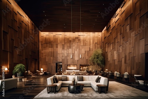 lobby lounge of a luxurious hotel with wooden interior created using generative AI tools photo