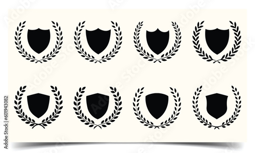 Set of award laurel wreaths and shield branches. Coat of arms. Prize emblems with laurel and wreaths. Vector illustration