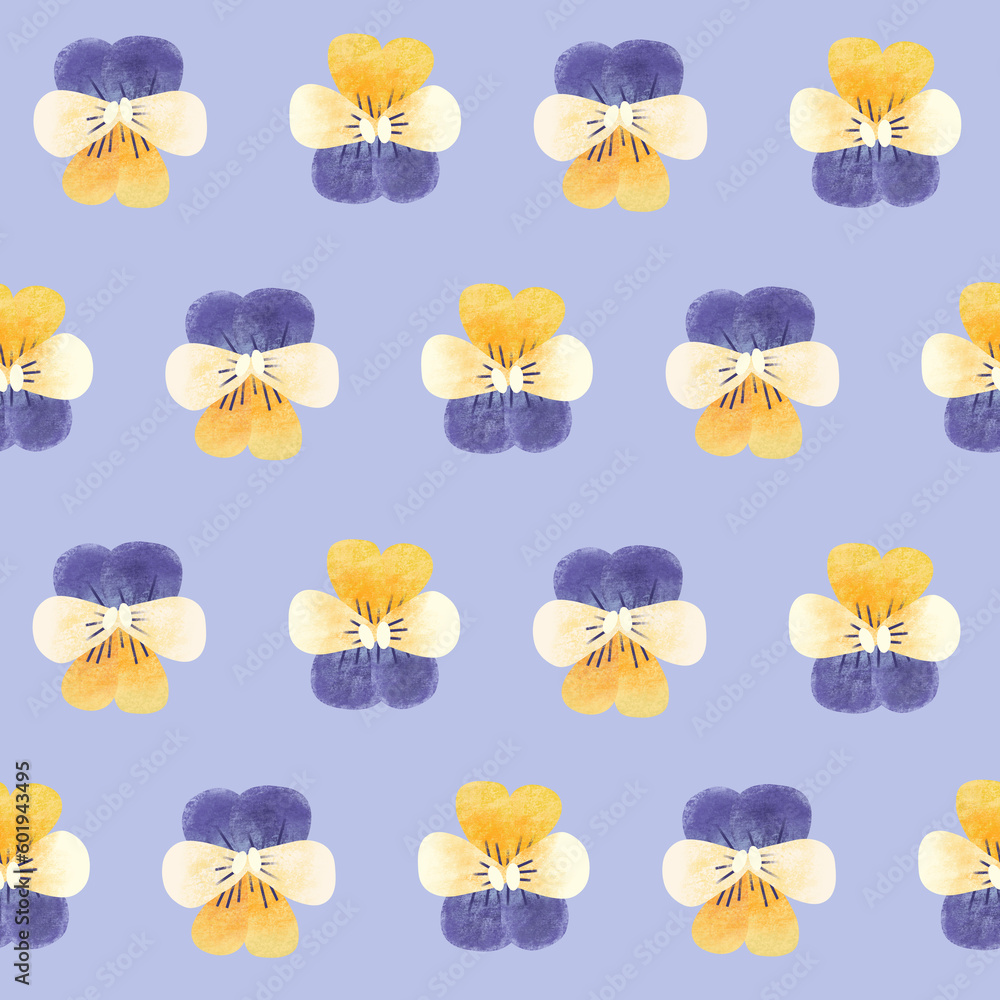 Purple and yellow pansies seamless pattern. Hand drawn cute flowers on light purple background. Cute floral allover image. Great for clothing design