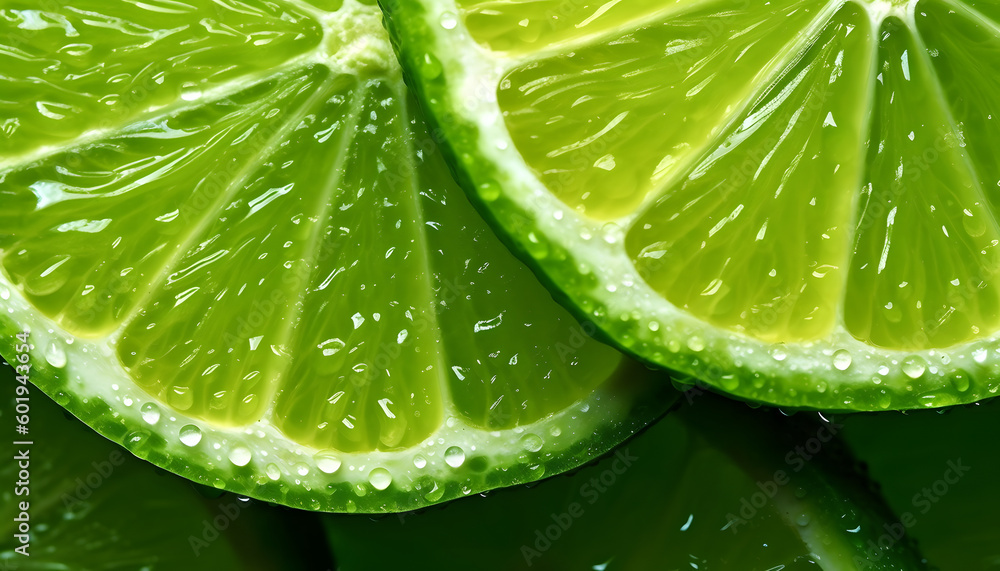 Macro texture of slices lemon, Lime slice with water bubbles Macro texture of slices lemon, Lime slice with water bubbles