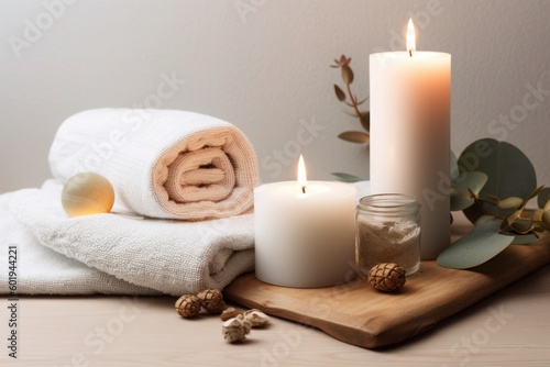  a white towel sitting on top of a table next to a candle  a picture  white studio background  stone  cedar  spanish  wallpaper. Generative ai