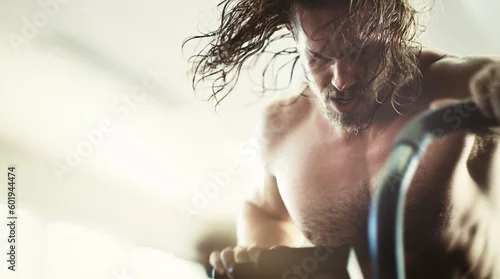 Obraz Fitness, workout and man on elliptical in gym for health, training and exercise. Sports, wellness and male athlete on cross trainer bike for exercising, cardio and cycling for strength and power.