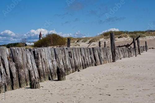Ancient wooden sea pier. Sventoi, Lithuania. Selective focus.