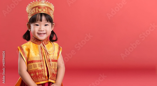a smiling girl child dressed as a queen's soft solid dark red background generative ai