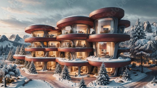 Landscape of a sci-fi futuristic architecture style village in a winter wonderland, surrounded by lush pine vegetation and mountainous terrain, at dusk - Generative AI Illustration