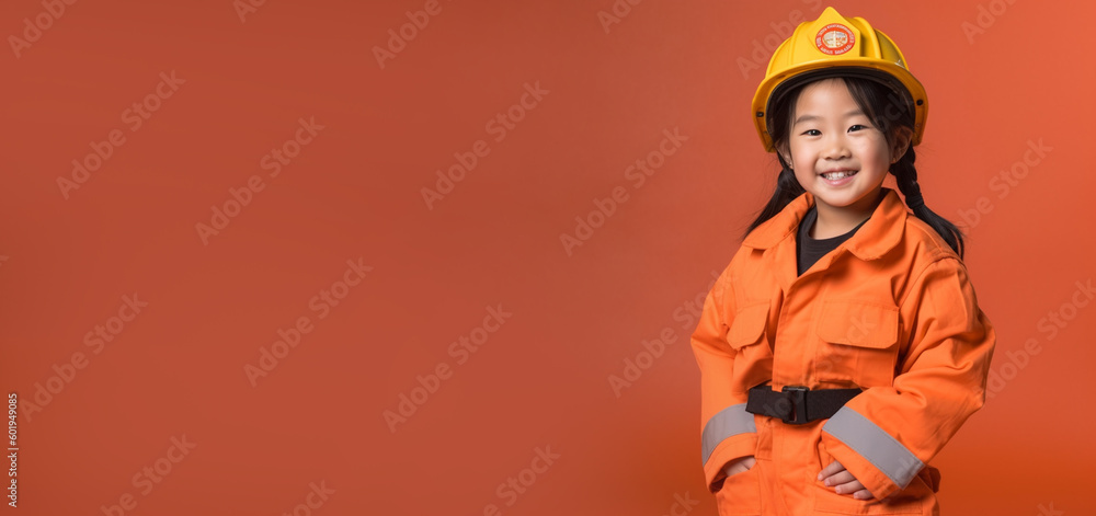a smiling girl child dressed as a firefighter in soft solid orange background ai generative a smiling girl child dressed as a firefighter in soft solid orange background ai generative