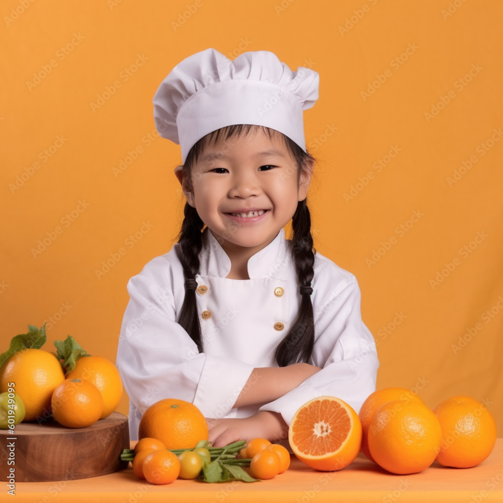 a smiling girl child dressed as a chef in soft solid orange background a smiling girl child dressed as a chef in soft solid orange background