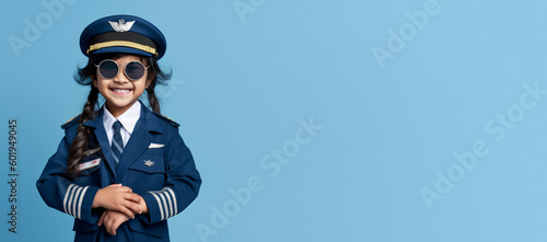 a smiling girl child dressed as a pilot in soft solid blue background