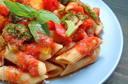 Closeup of Mouthwatering Freshly Cooked Marinara Penne with Roasted Vegetables