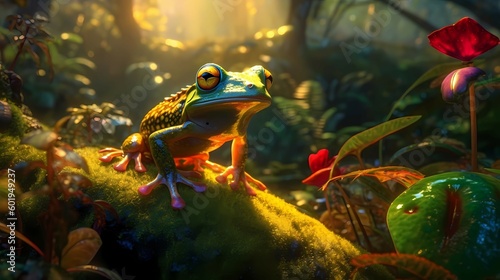 A tree poisonous frog in the background of a rainforest. Generative AI