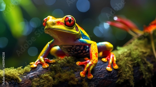 A tree poisonous frog in the background of a rainforest. Generative AI