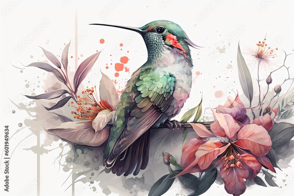 Colorful humming bird on stick tree with flower in watercolor design artistic. Concept of painting technique isolated on white background in canvas. Glorious generative AI. - obrazy, fototapety, plakaty 
