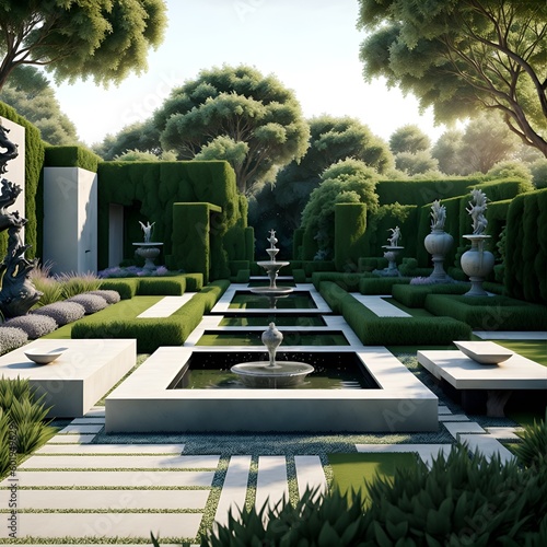 Foto Photo of a painting depicting a serene garden with a beautiful fountain