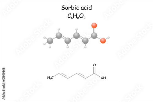 Stylized molecule model/structural formula of the food preservative sorbic acid .	