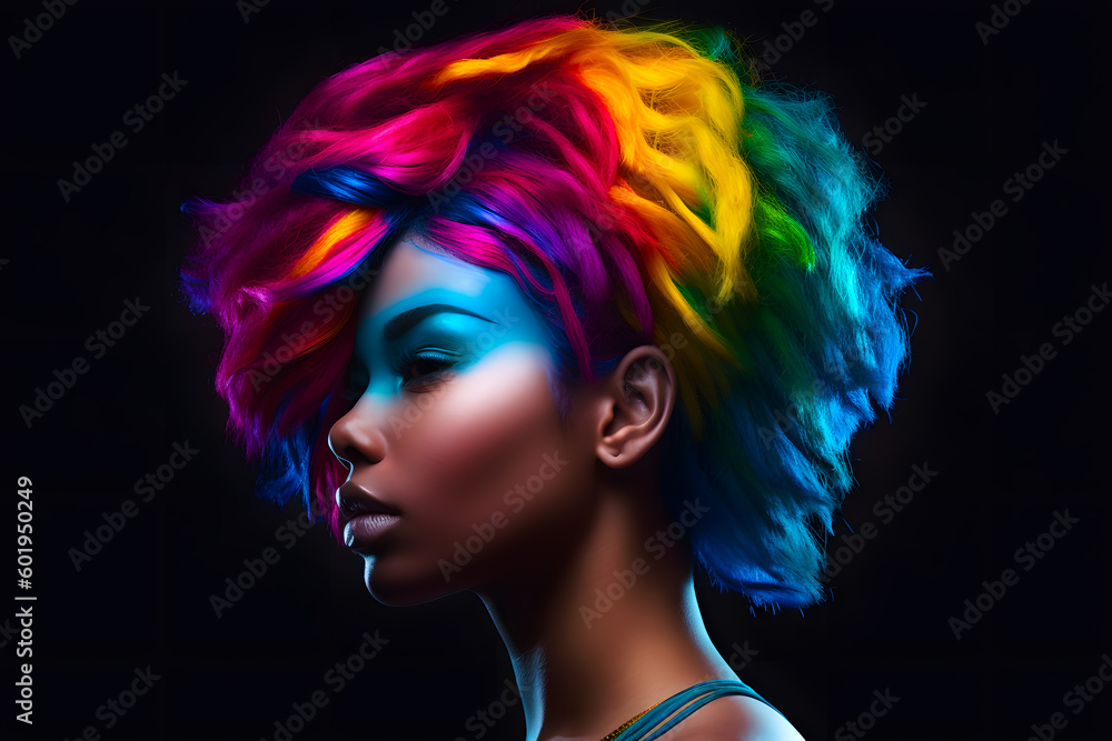 Portrait of young black african american beautiful girl woman with long length fluffy flowing hair. Model with perfect Healthy Dyed Hair. Rainbow Hairstyles. Generative AI.