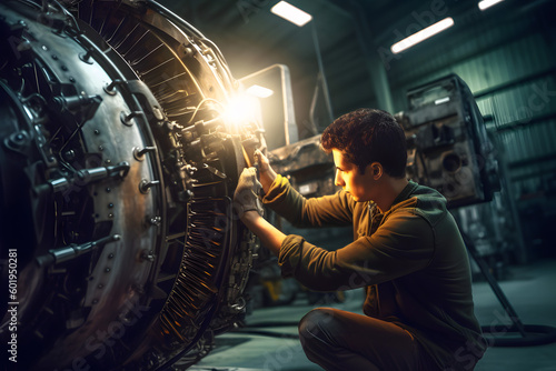 Specialist mechanic repairs the maintenance of a large engine of a passenger aircraft in a aviation hangar. Generative AI