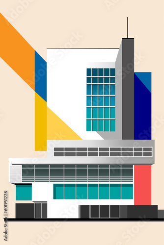 Edificio arquitectura de estilo bauhaus con colores y formas geométricas cuadradas, casa bauhaus de decoración , retro poster de bauhaus para pared, portada libro, formas geométricas de colores 