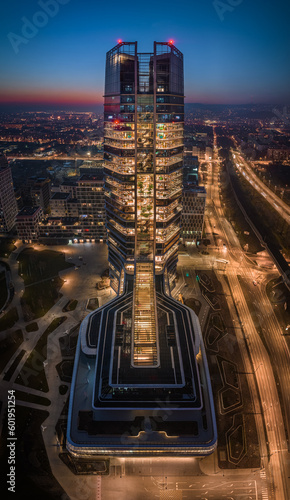 Canvas Print Budapest, Hungary - Aerial vertical panoramic view of Budapest's new, illuminate