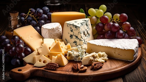 Assortement of different kinds of cheese on a table created using generative AI tools