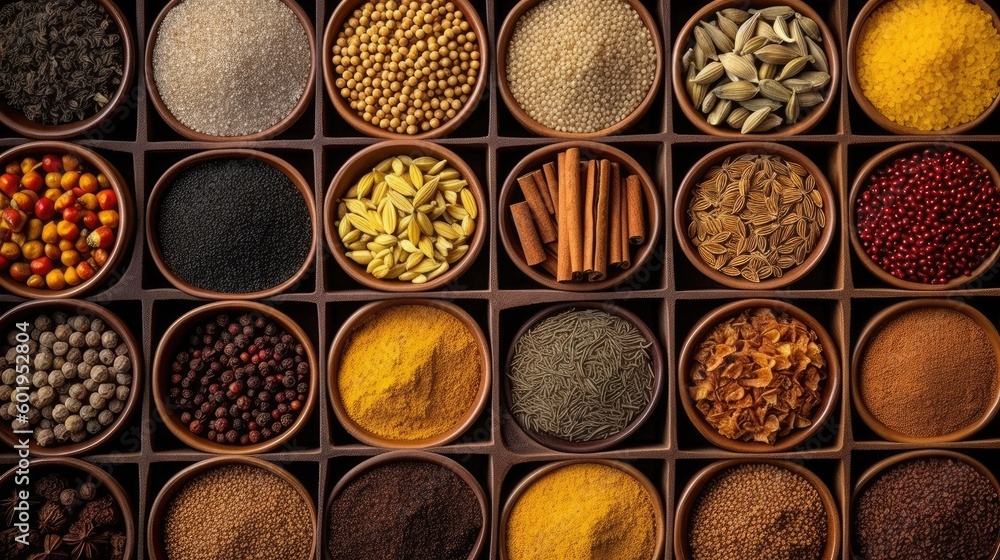 Vast array of different colorful spices. Top view product shot created using generative AI tools Vast array of different colorful spices. Top view product shot created using generative AI tools
