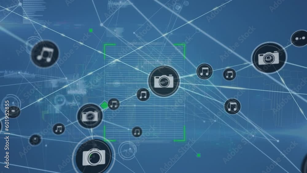 Animation of network of digital icons and square scanner scanning against data processing Animation of network of digital icons and square scanner scanning against data processing