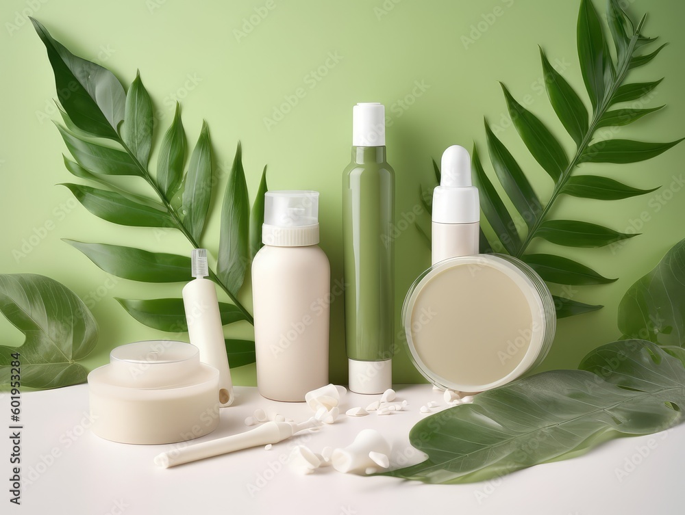 co friendly cosmetics decorated with green leaves, organic facial skincare, makeup and skin care cosmetic items. Green nature in the backgroeund