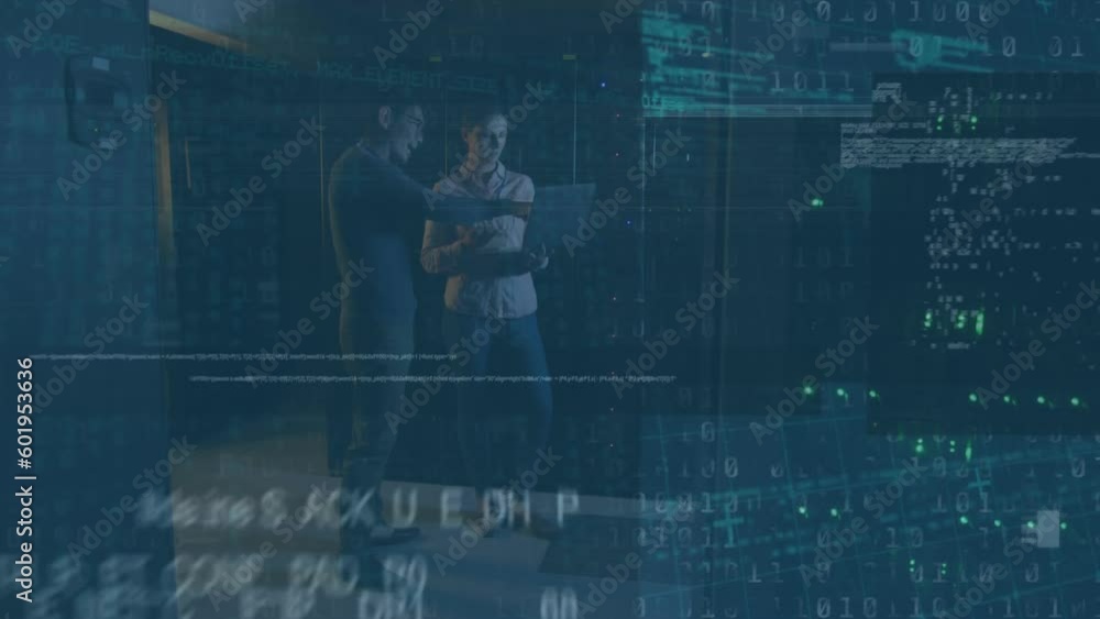 Animation of data processing over diverse male and female engineers using laptop at server room Animation of data processing over diverse male and female engineers using laptop at server room