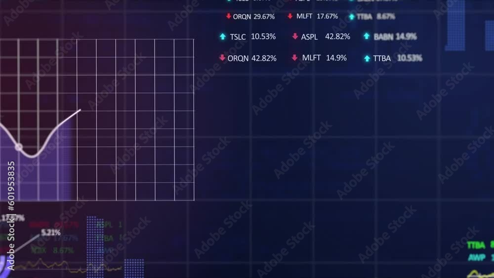 Animation of statistical and stock market data processing against purple gradient background Animation of statistical and stock market data processing against purple gradient background