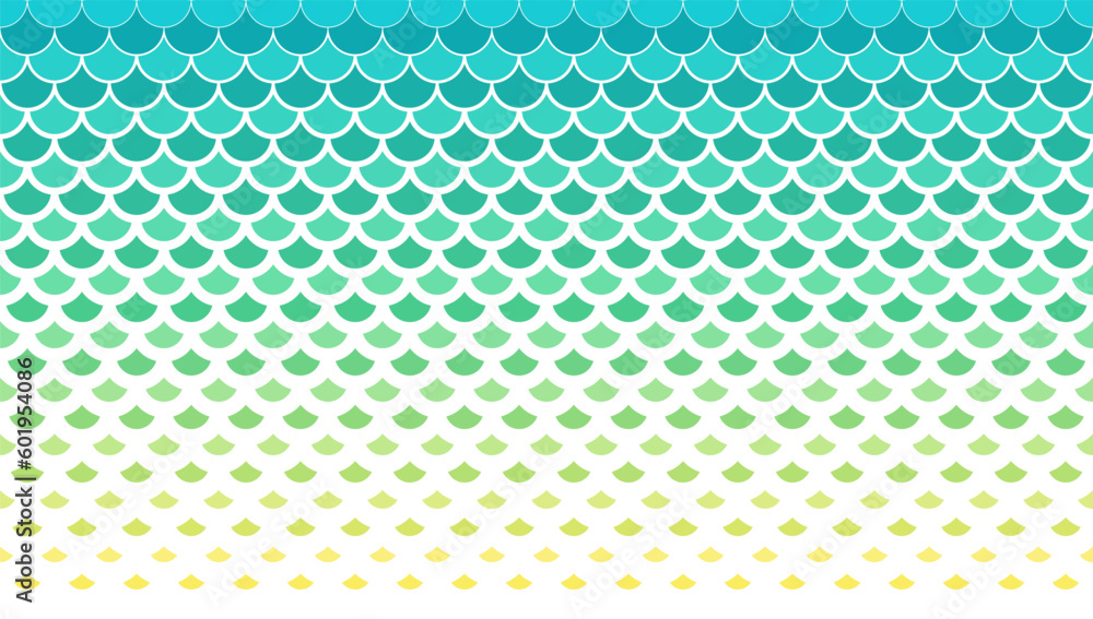 Horizontally seamless fish scale background in turquoise green to yellow gradient colors. Halftone scale pattern.