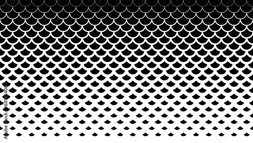 Horizontally seamless fish scale background in black and white. Halftone scale pattern.
