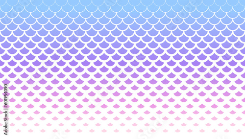 Horizontally seamless fish scale background in purple to pastel pink gradient colors. Halftone scale pattern.