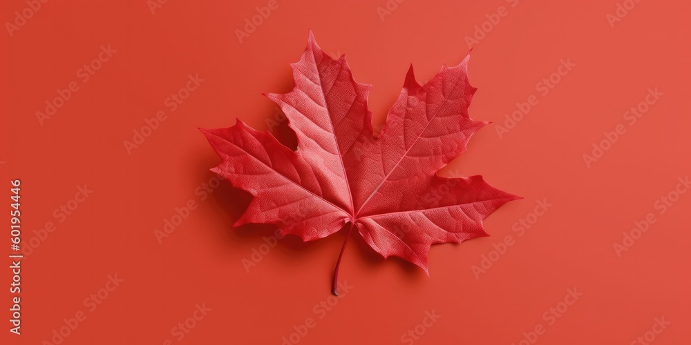 Autumn maple leaf with copy space on red background. Generative AI. Autumn maple leaf with copy space on red background. Generative AI.