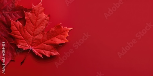 Big maple leaf with copy space on red background. Generative AI.