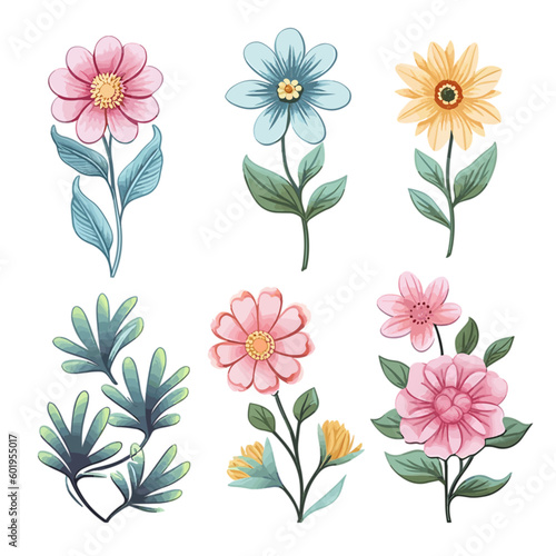 pattern of pastel flowers with isolated white background set 1