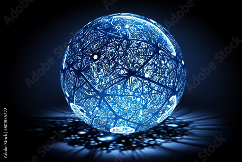 A glowing transparent sphere having interconnections inside on a dark background photo