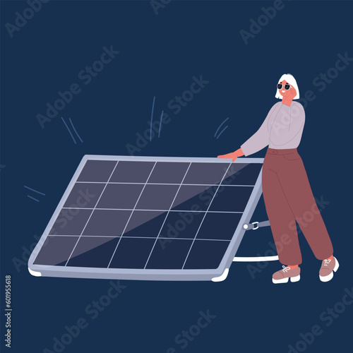 Caucasian white worker of solar power plant holding solar panel and young asian man standing nearby with money. Investment of money in green technology. Vector cartoon illustration. Horizontal layout.