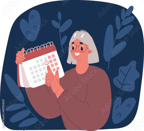 Happy pregnant girl looks at the calendar. Cute woman hugs her belly and stands by the monthly planner calendar on a blue background with flowers. Vector illustration. Womens health concept