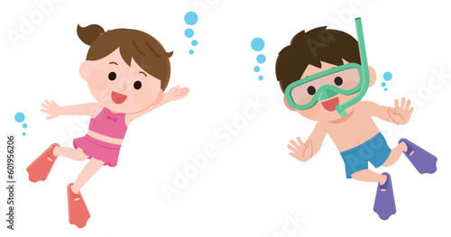 シュノーケリングを楽しむ男の子と女の子　イラスト