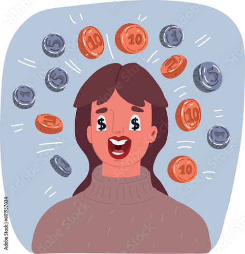 Happy Woman Winning Money Vector Cartoon Illustration. Cheerful lady getting rich receiving a cash prize becoming a millionaire