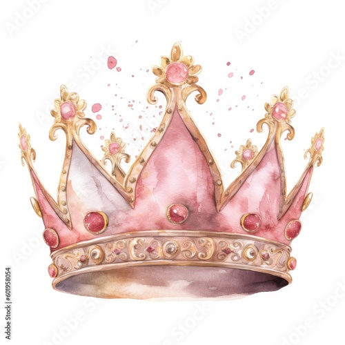 Delicate golden crown on pink background - watercolor illustration created using generative AI tools photo