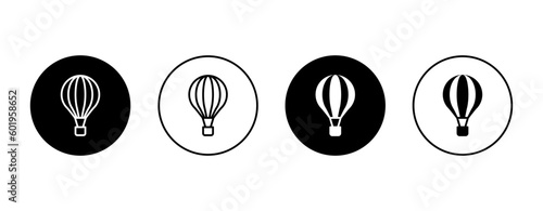 Hot air balloon vector icon set. Air balloon symbol in flat style. Flying aerostat sign in circle
