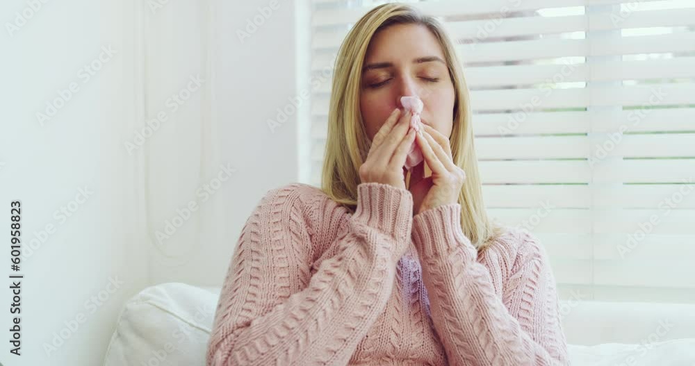Sick woman, tissue and blowing nose with allergies, flu or fever from