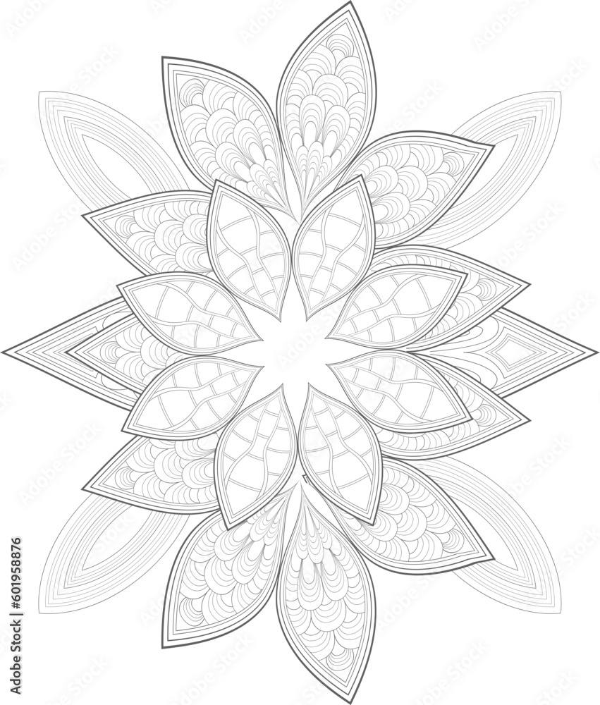 Doodle flowers in black and white pleasing for adults' coloring page. pleasing decorative flower of Coloring book page for adult Black outline and white background Doodle flowers in black and white pleasing for adults' coloring page. pleasing decorative flower of Coloring book page for adult Black outline and white background
