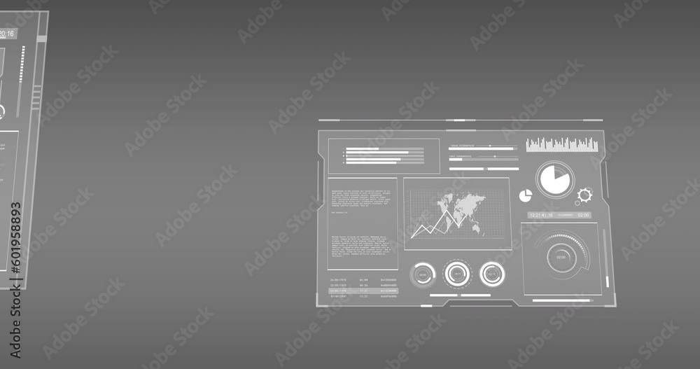 Animation of interface with data processing against grey background Animation of interface with data processing against grey background