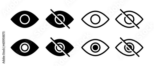 See and unsee eyes vector icon set. Hide and unhide symbol. Data privacy and sensitive content sign