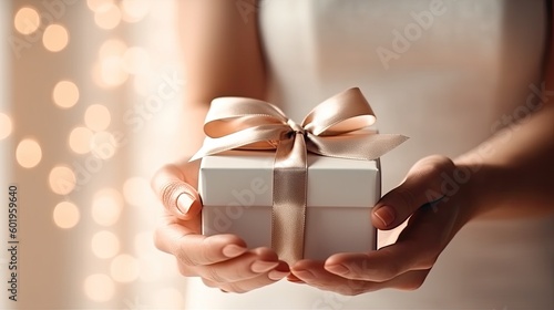 Woman holding a beautiful wrapped present box created using generative AI tools