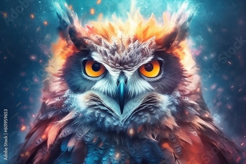 Abstract animal Owl portrait with colorful double exposure paint, Generative AI © Sasint