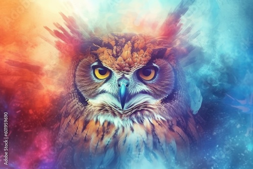 Abstract animal Owl portrait with colorful double exposure paint, Generative AI