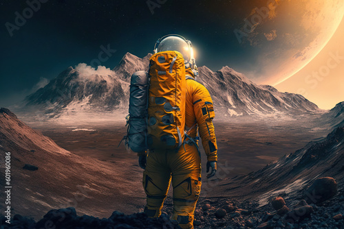 Astronaut in a Space Suit Explores Red Planet Mars, colonization and exploration Concept - generative AI - AI Generated photo