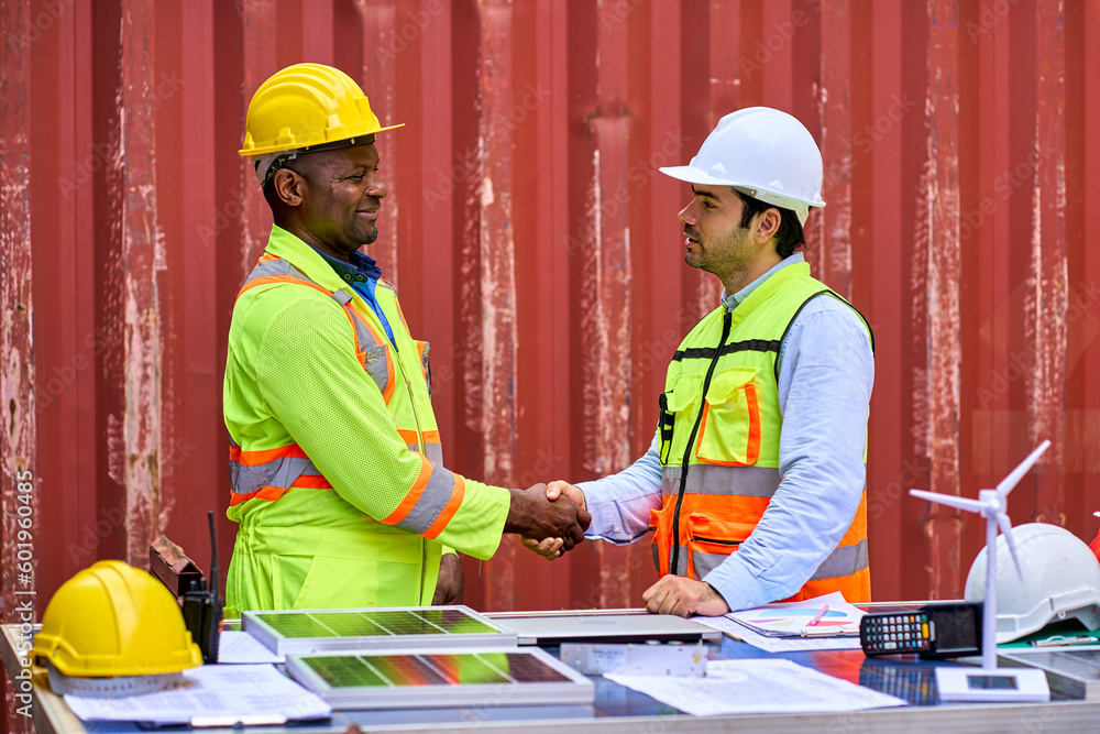 Engineer and African american foreman shake hand for start working with solar cell and container box site. Engineer and African american foreman shake hand for start working with solar cell and container box site.